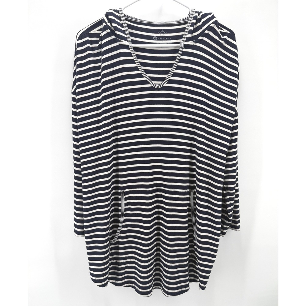 T by Talbots Blue White Stripe Hoodie UPF 50+ Pullover Beach Coastal Women XL